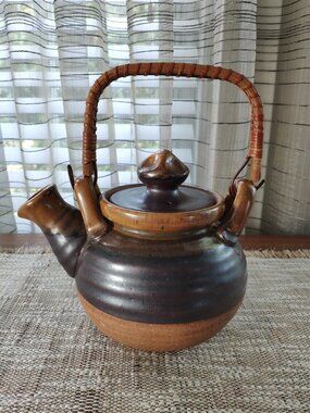 Vintage Hand Turned Art Pottery Teapot Kettle with Wicker Handle 9"